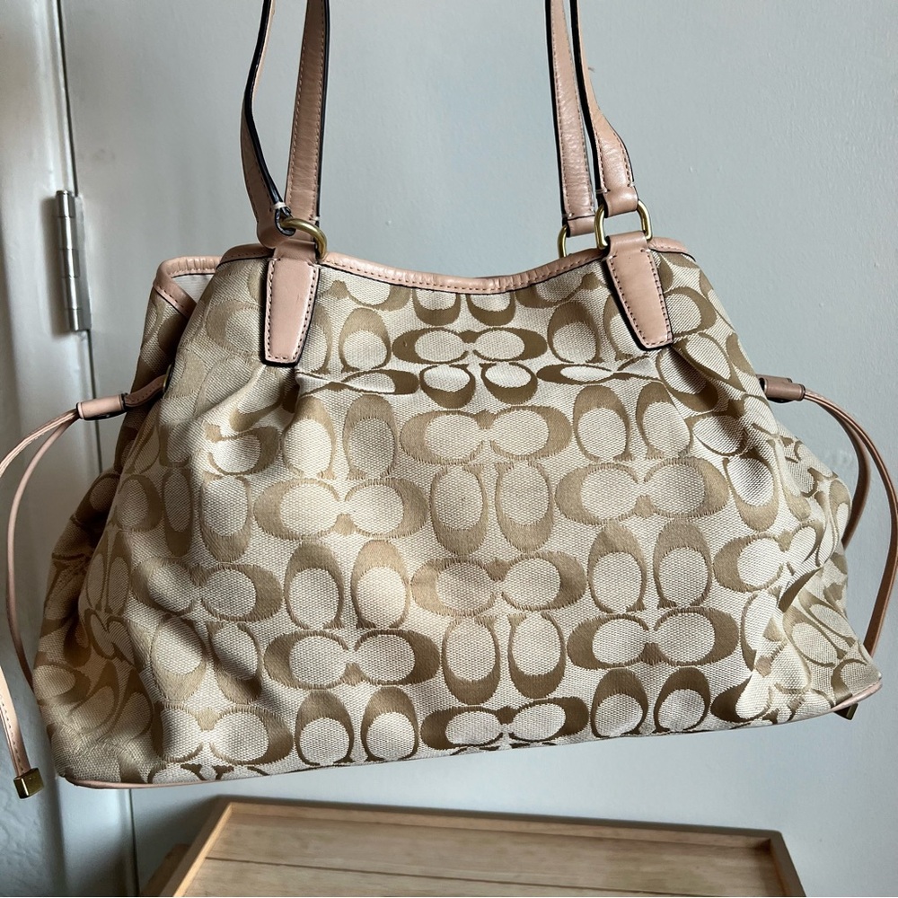 Coach Tan Signature Canvas Tote with Teal Center Stripe - Picture 3 of 16